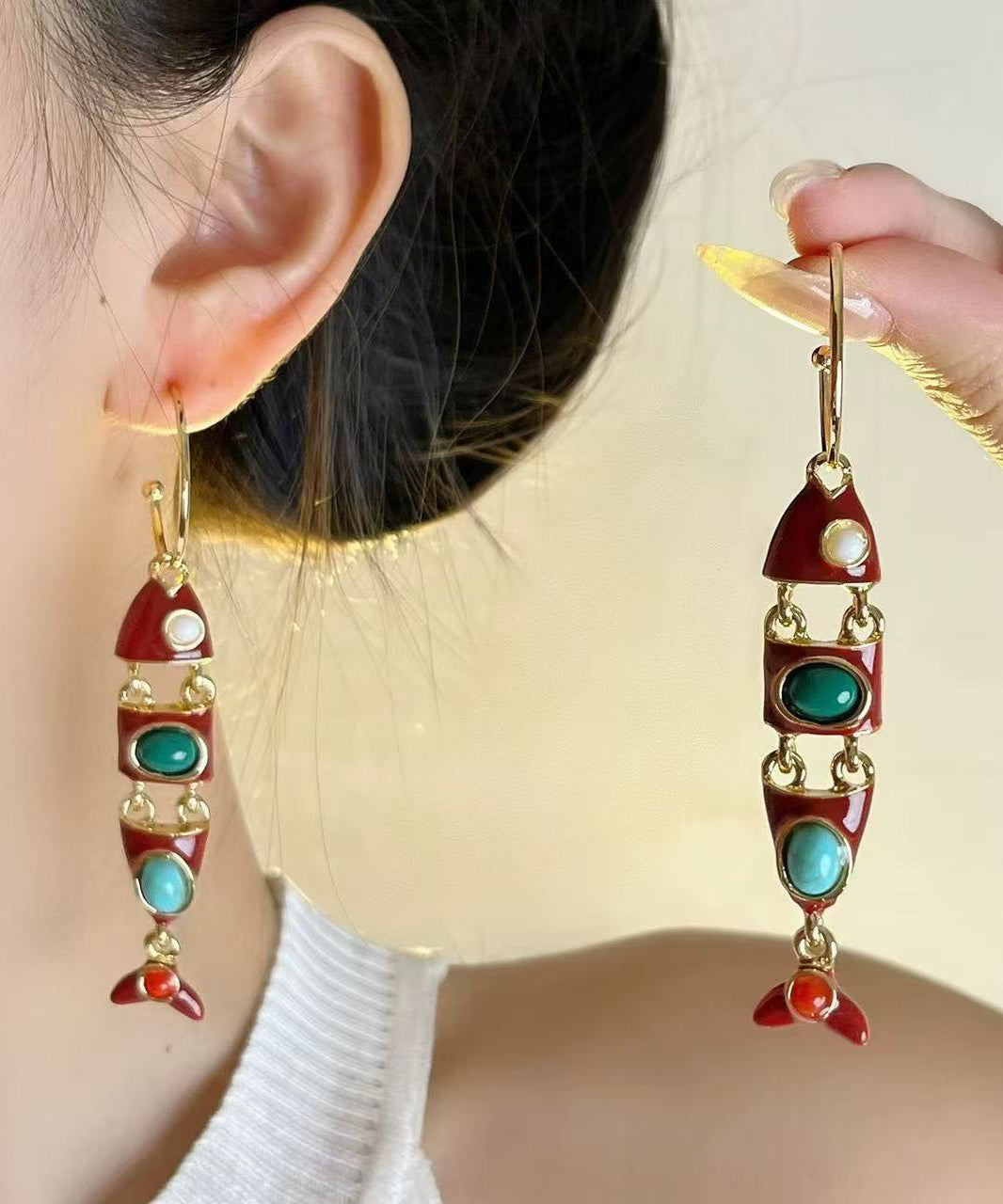 Boho Colorblock Copper Alloy Enamel Fish Shape Drop Earrings