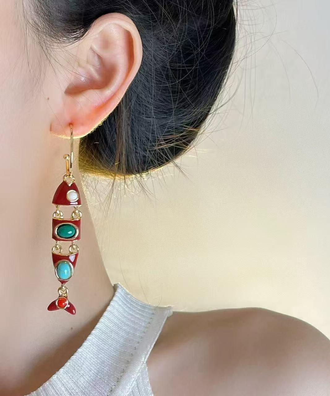 Boho Colorblock Copper Alloy Enamel Fish Shape Drop Earrings