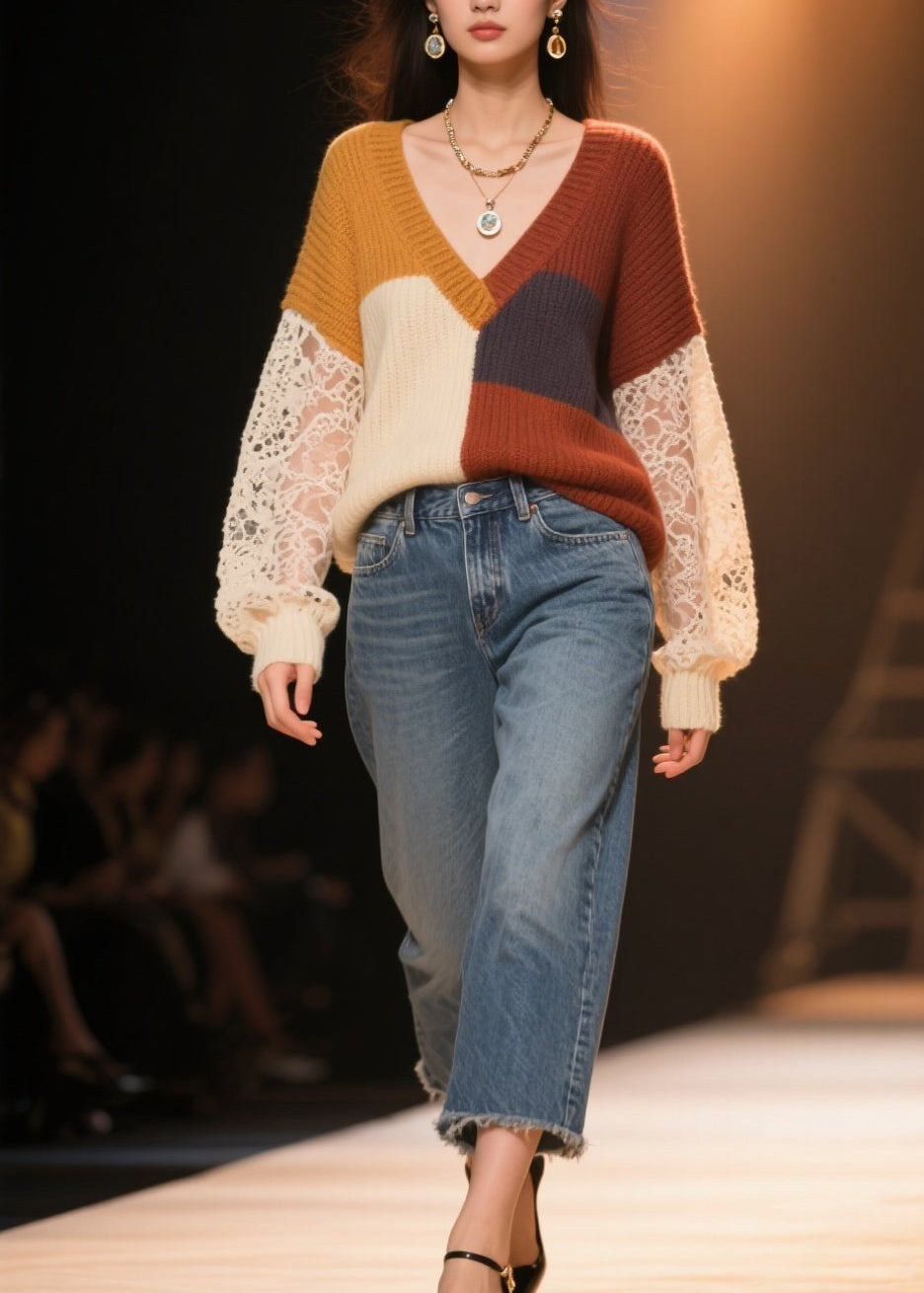 Boho Colorblock Hollow Out Lace Patchwork Knit Sweater Fall