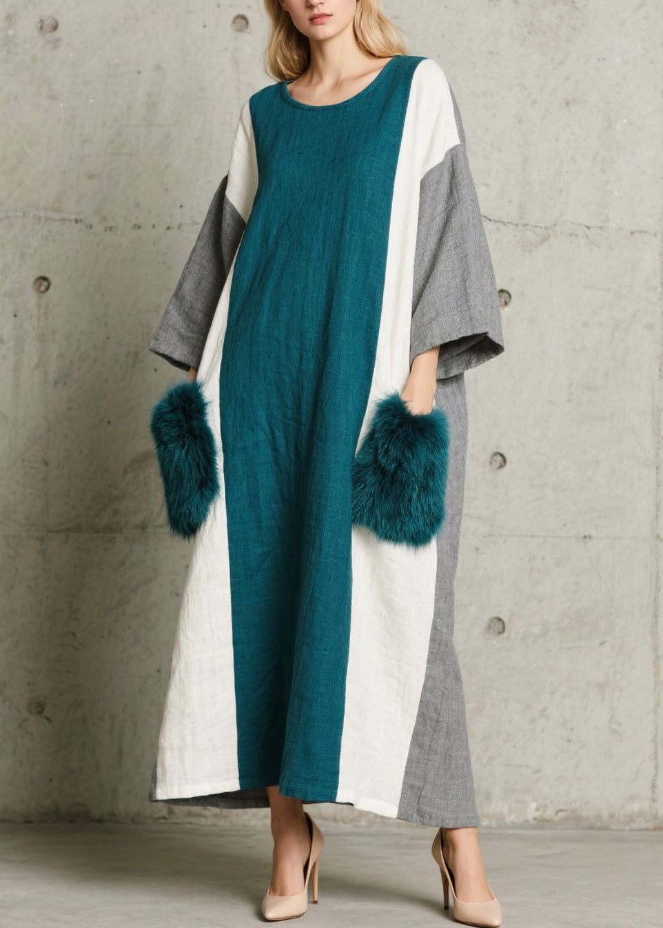 Boho Colorblock O Neck Fuzzy Fur Patchwork Cotton Dress Fall
