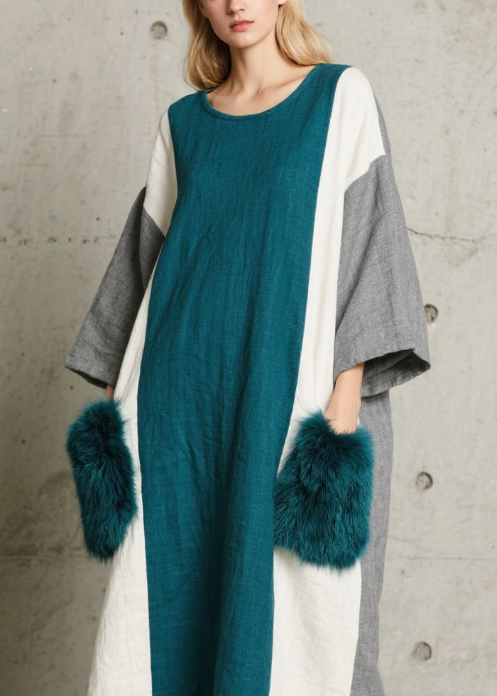 Boho Colorblock O Neck Fuzzy Fur Patchwork Cotton Dress Fall