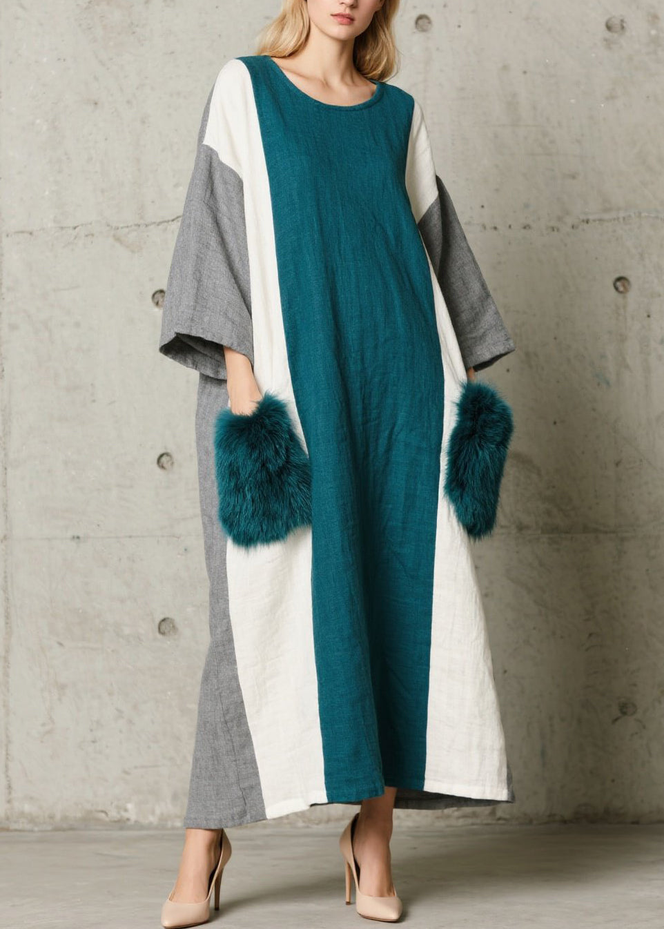 Boho Colorblock O Neck Fuzzy Fur Patchwork Cotton Dress Fall