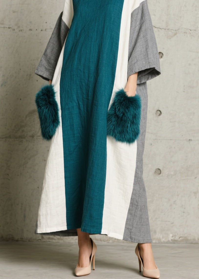 Boho Colorblock O Neck Fuzzy Fur Patchwork Cotton Dress Fall