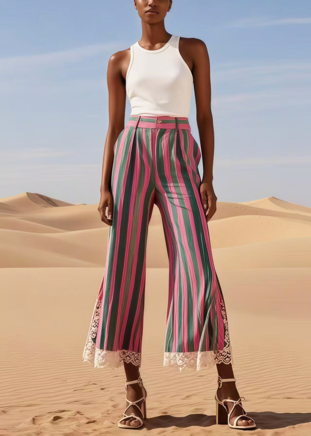 Boho Colorblock Striped Patchwork Lace Bell-bottom Trousers Summer