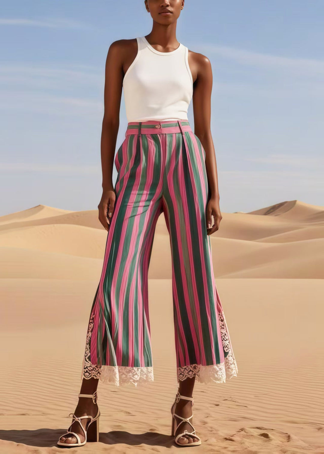 Boho Colorblock Striped Patchwork Lace Bell-bottom Trousers Summer