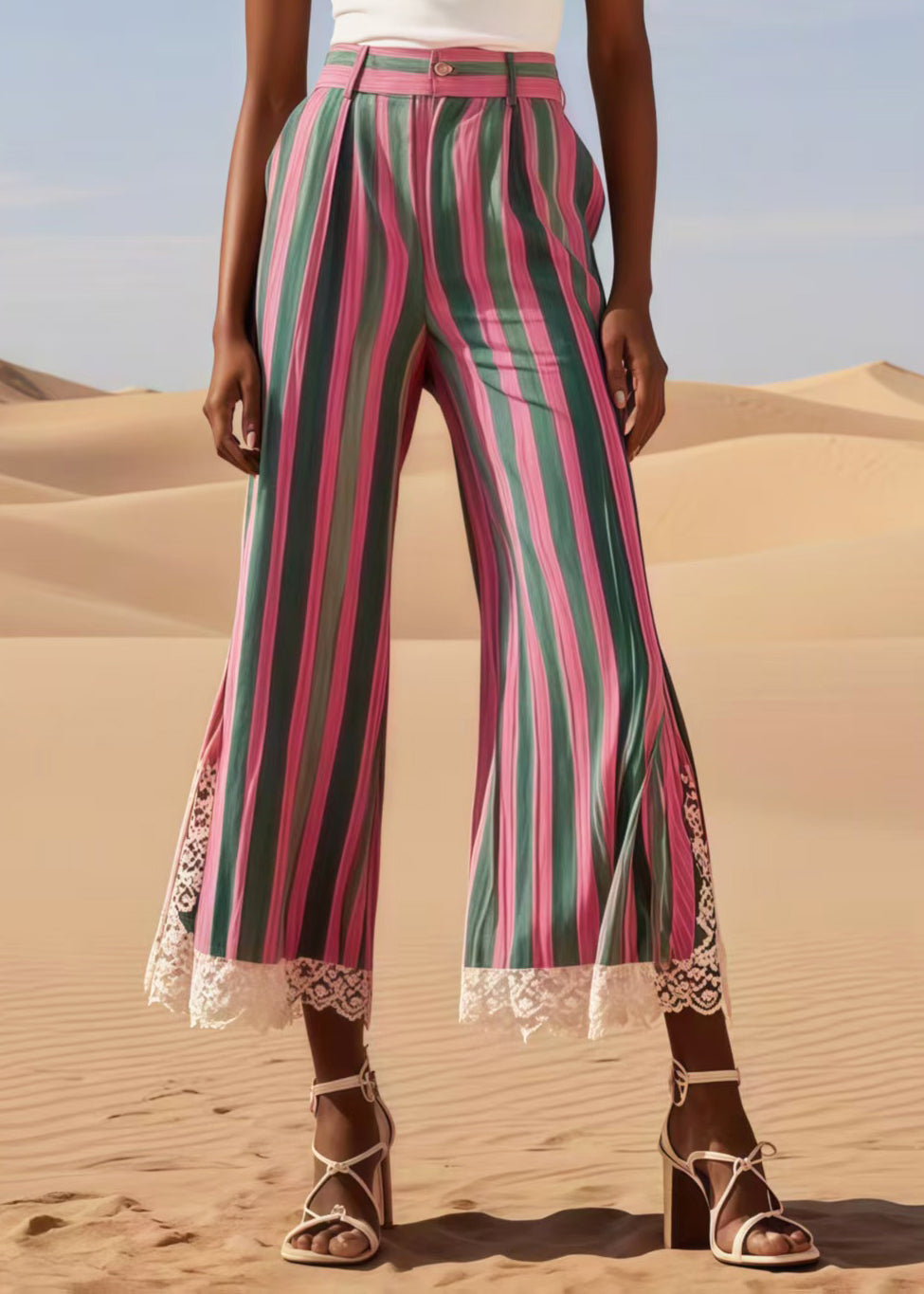 Boho Colorblock Striped Patchwork Lace Bell-bottom Trousers Summer