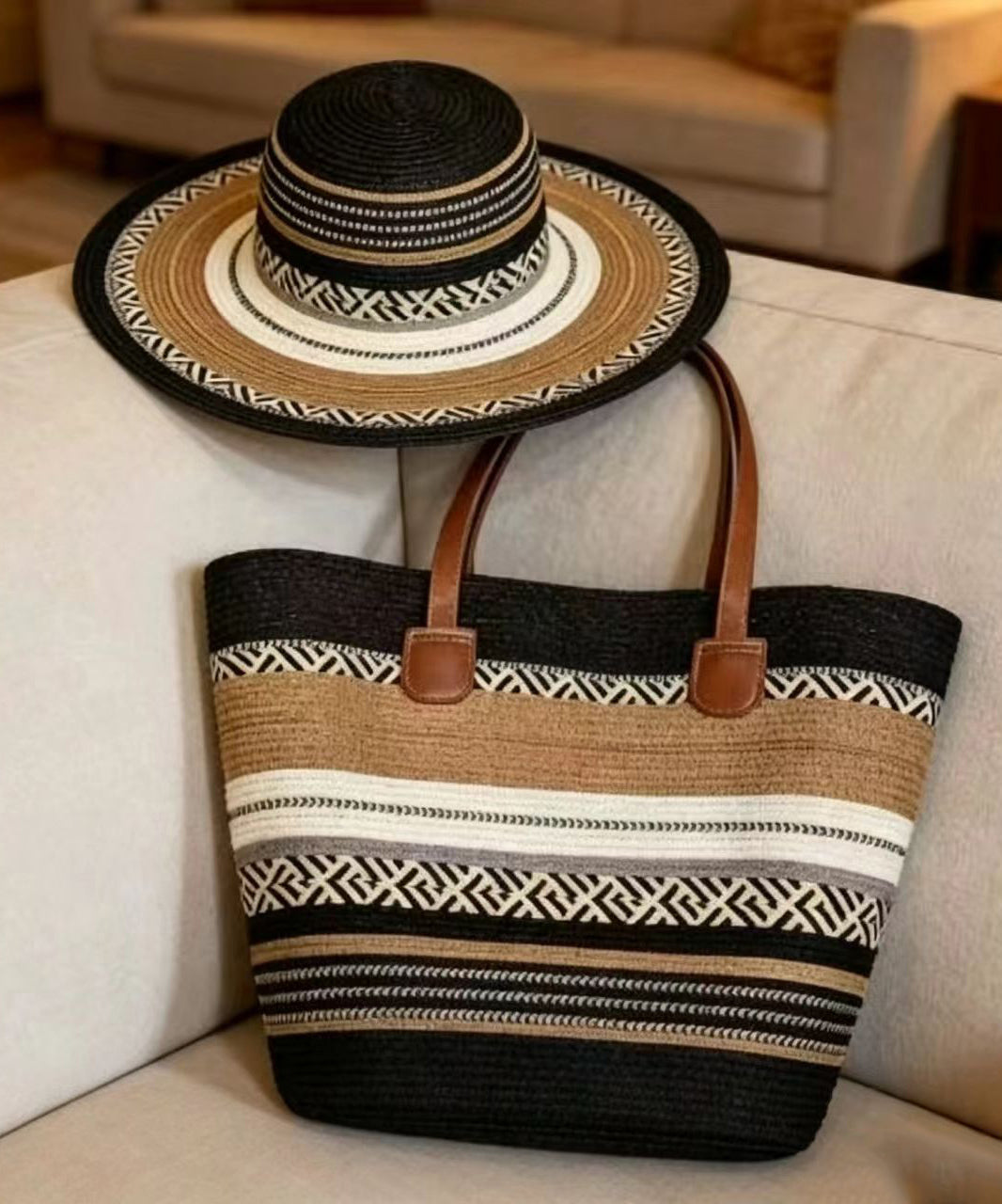 Boho Colorblock Striped Solid Durable Straw Woven Floppy Sun Hat And Shoulder Handbag Two Pieces Set Summer