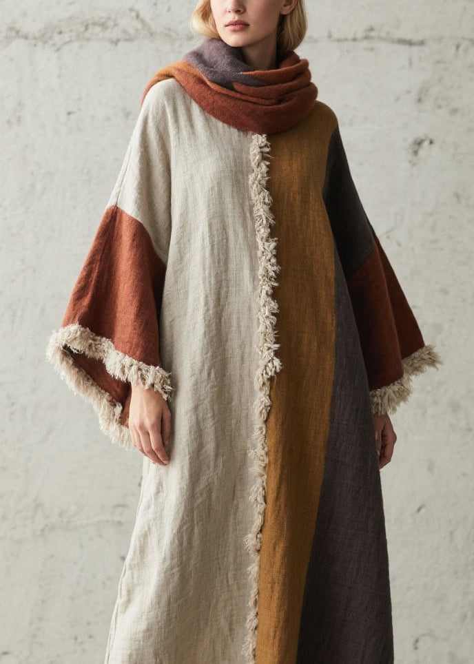 Boho Colorblock Tassel Patchwork Cotton Dresses Fall