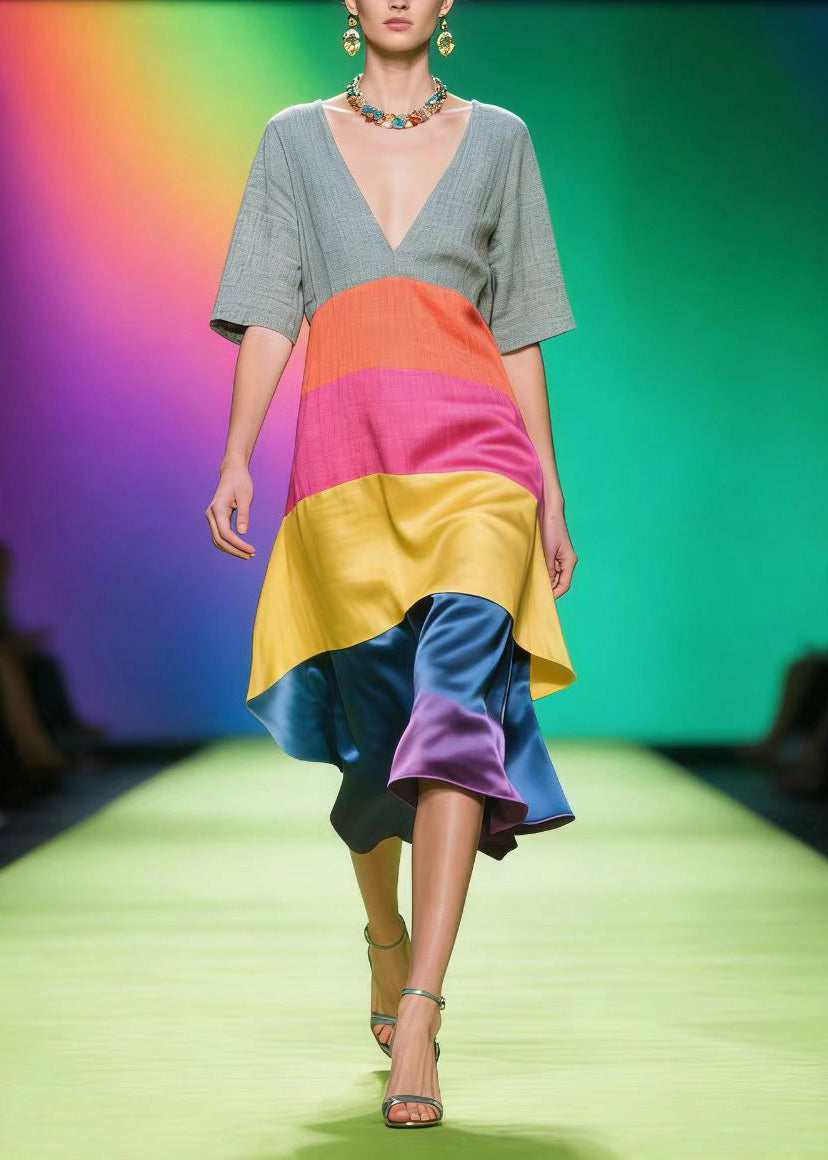 Boho Colorblock V Neck Patchwork Linen Silk Dress Summer