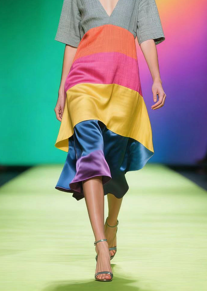 Boho Colorblock V Neck Patchwork Linen Silk Dress Summer