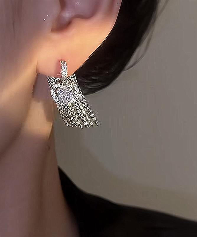 Boho Copper Alloy Zircon Love Tassel Drop Earrings