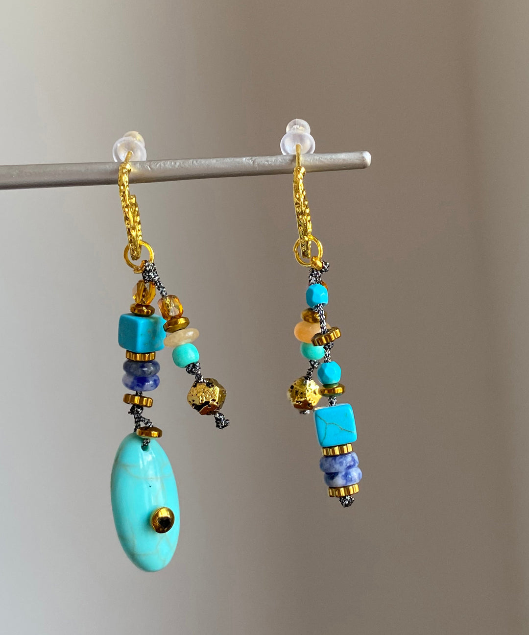 Boho Copper Overgild Asymmetrical Natural Stone Drop Earrings