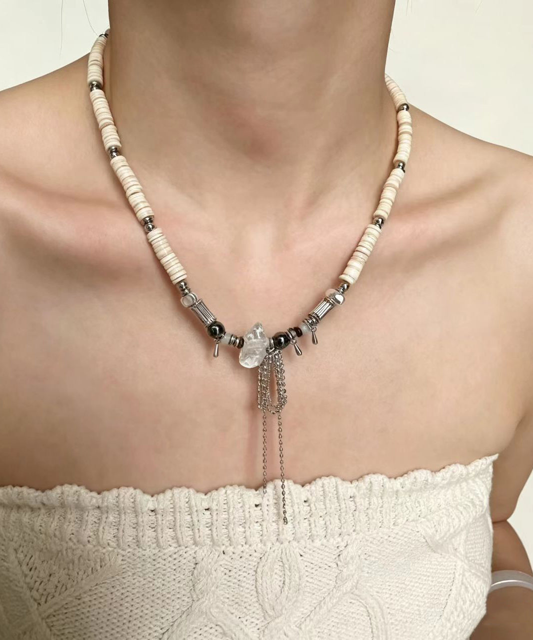 Boho Crystal Freshwater Shells Beading Pendant Necklace