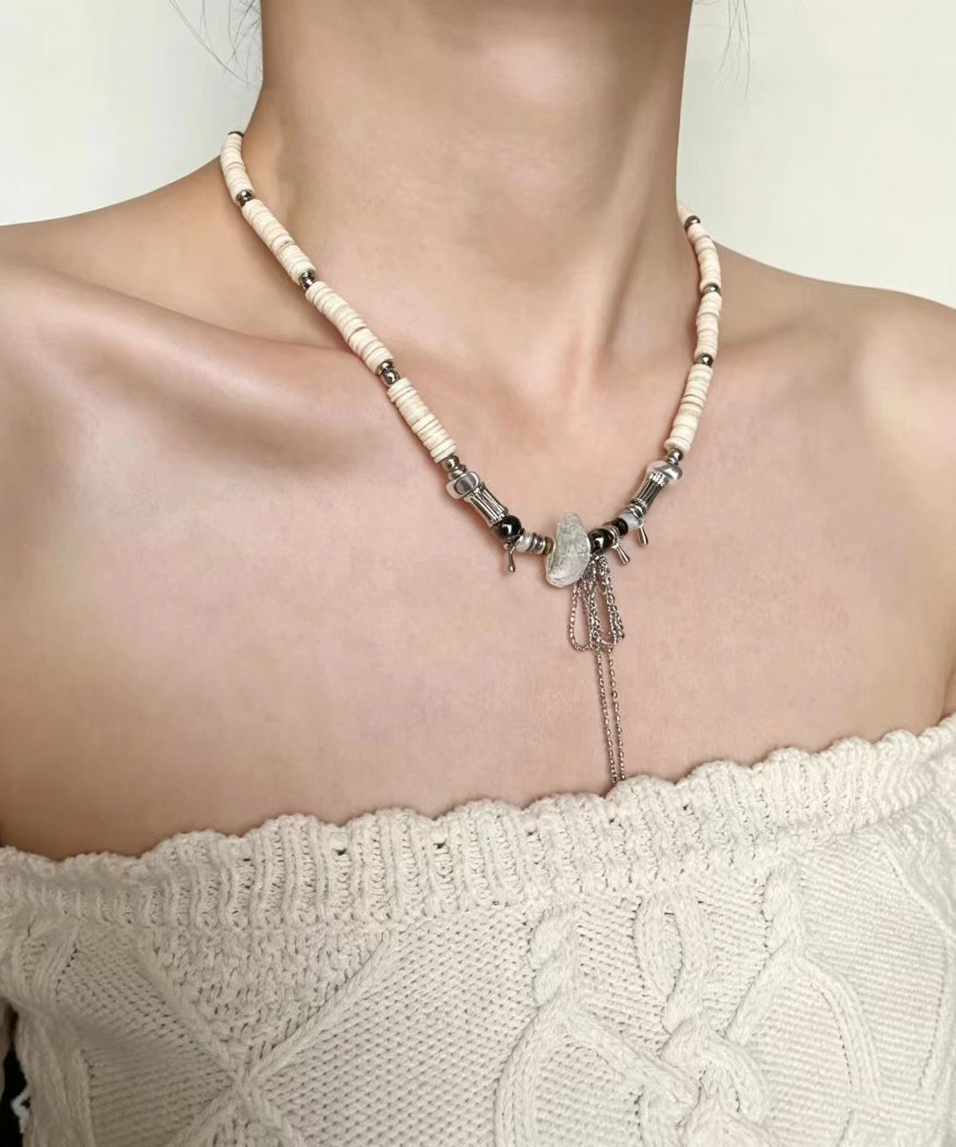 Boho Crystal Freshwater Shells Beading Pendant Necklace