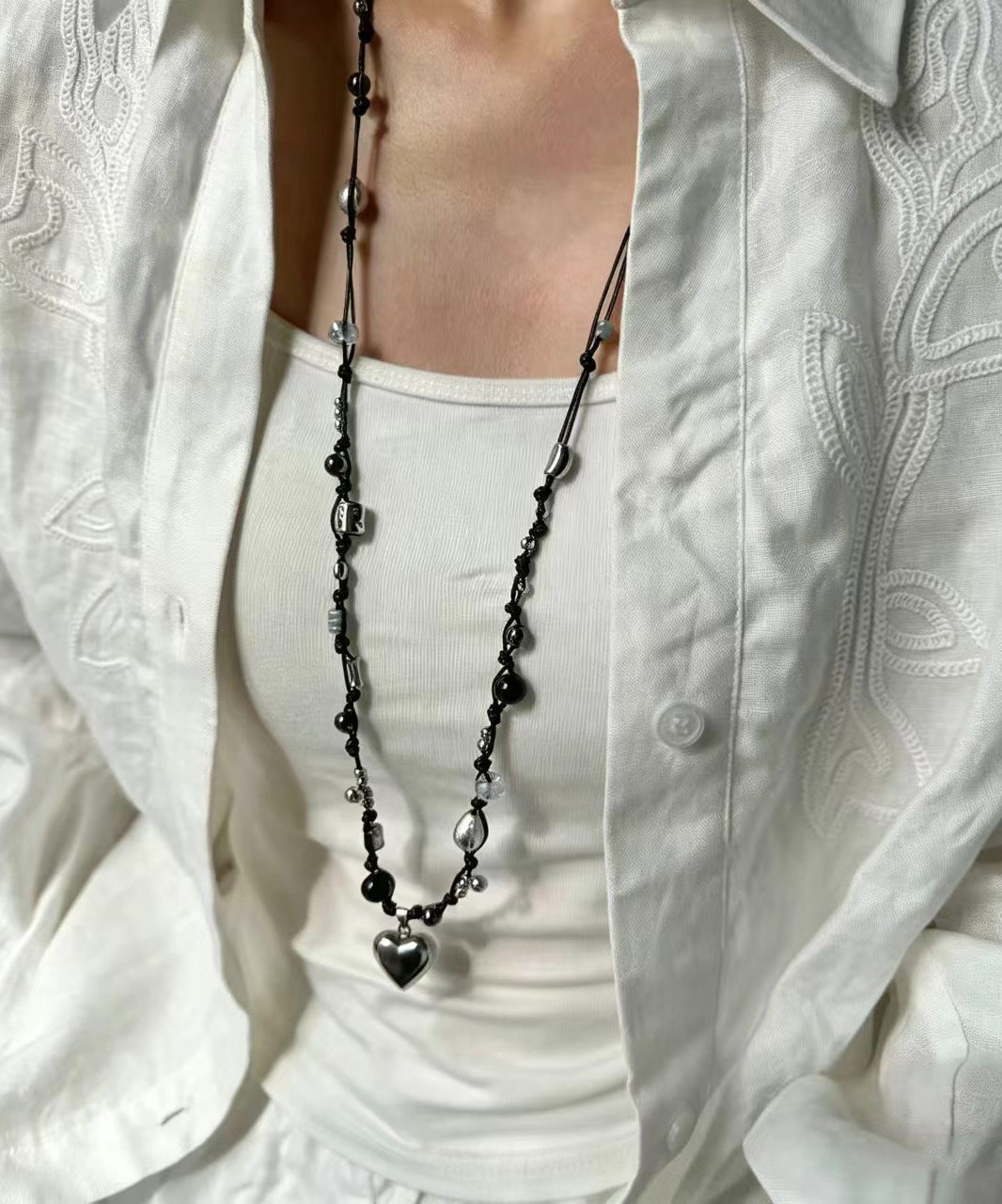 Boho Czech Glass Titanium Steel Heart Pendant Necklace