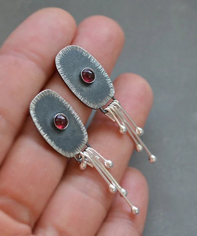 Boho Dark Grey Alloy Oval Gem Stone Tassel Drop Earrings