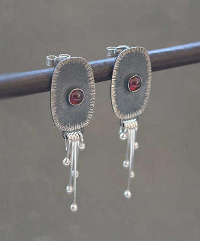 Boho Dark Grey Alloy Oval Gem Stone Tassel Drop Earrings
