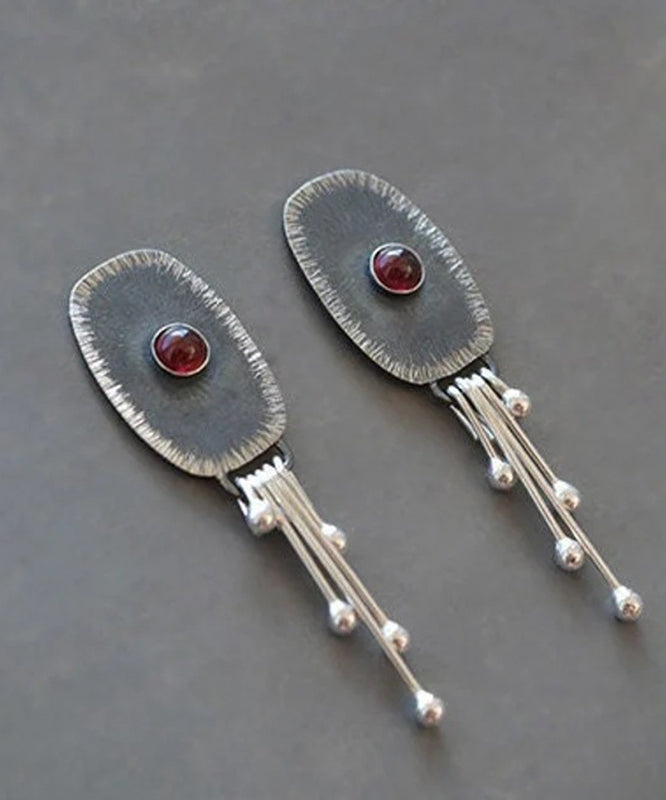 Boho Dark Grey Alloy Oval Gem Stone Tassel Drop Earrings