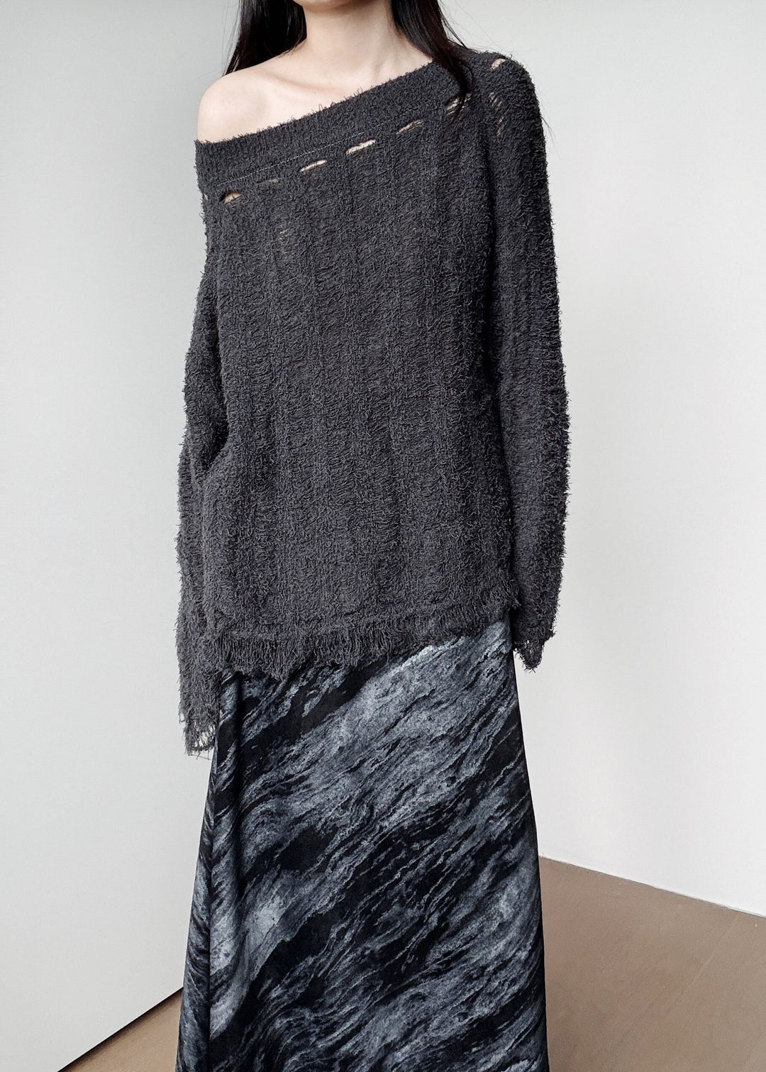 Boho Dark Grey One Shoulder Hollow Out Knit Pullover Winter
