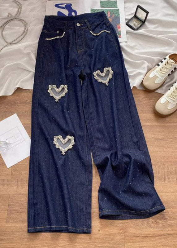 Boho Denim Blue High Waist Patchwork Love Hole Wide Leg Jeans