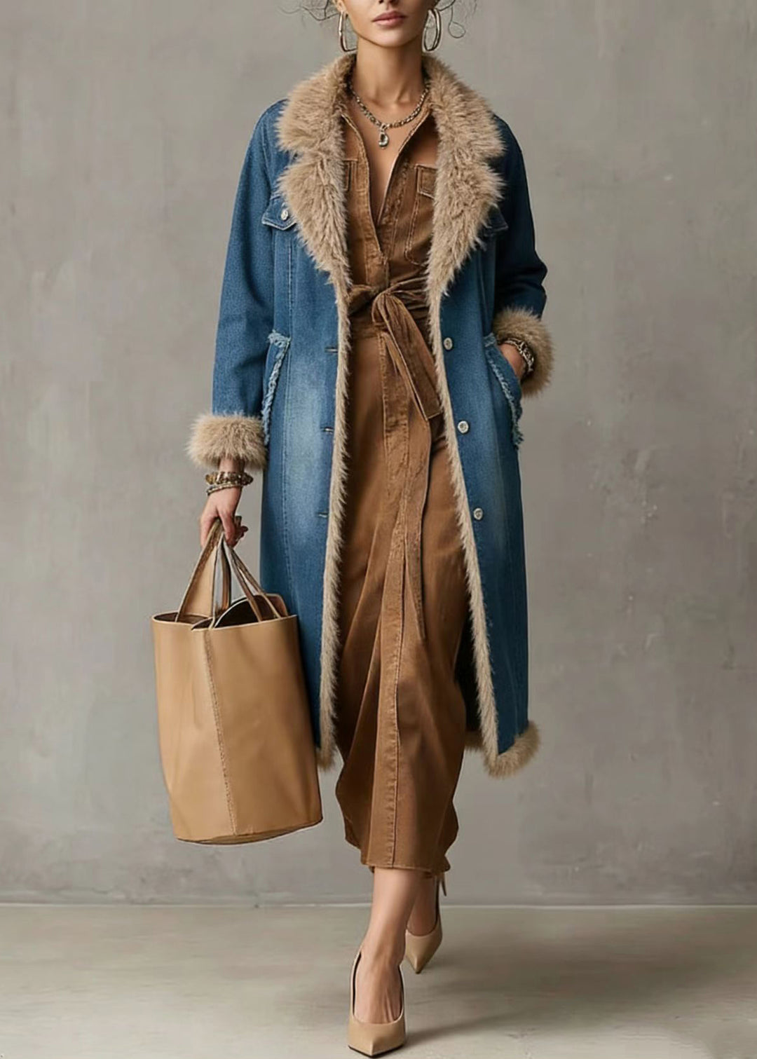Boho Denim Blue Notched Patchwork Faux Fur Fine Cotton Filled Trench Coats Winter