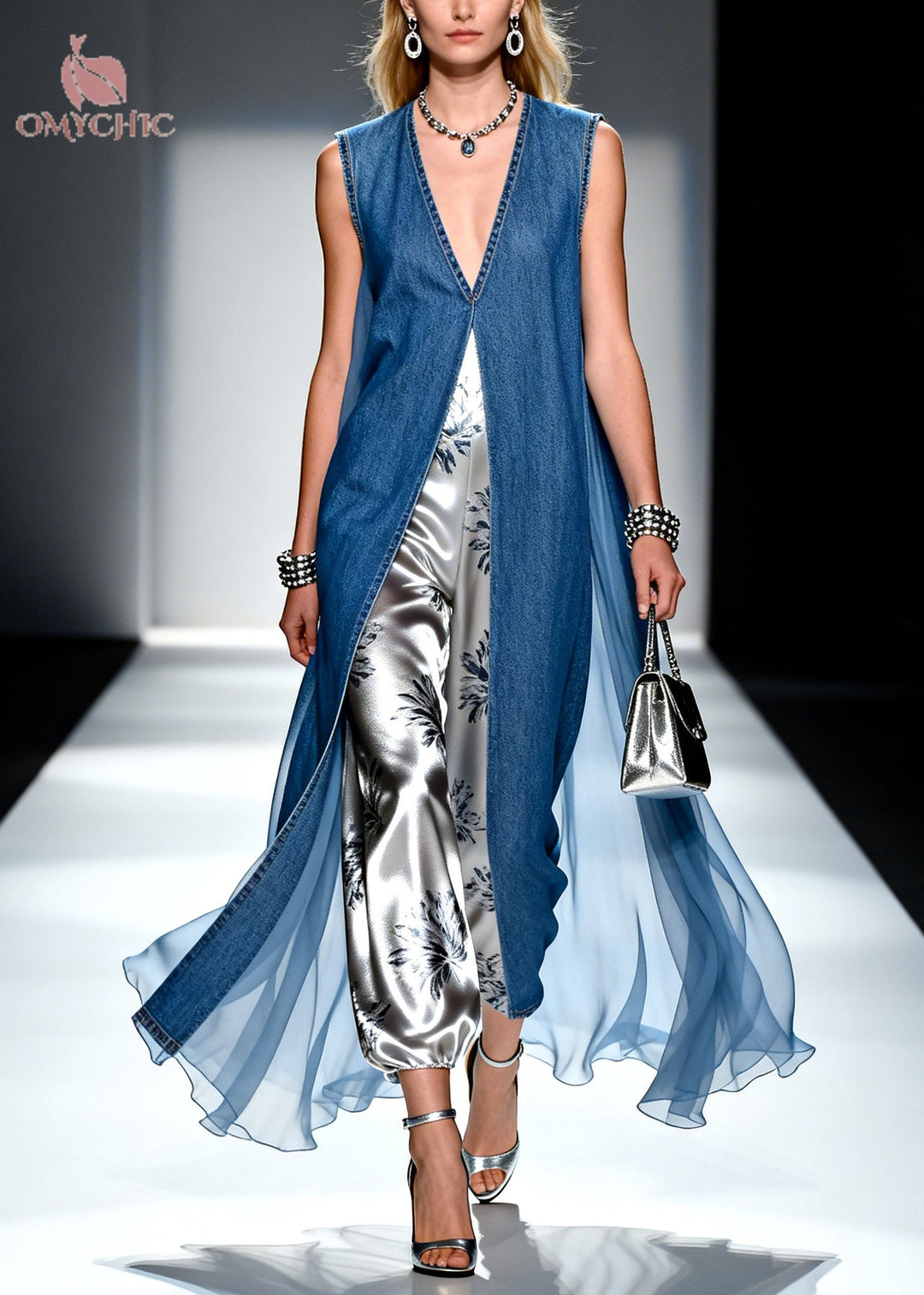 Boho Denim Blue V Neck Patchwork Print Fake Two Piece Dresses Summer