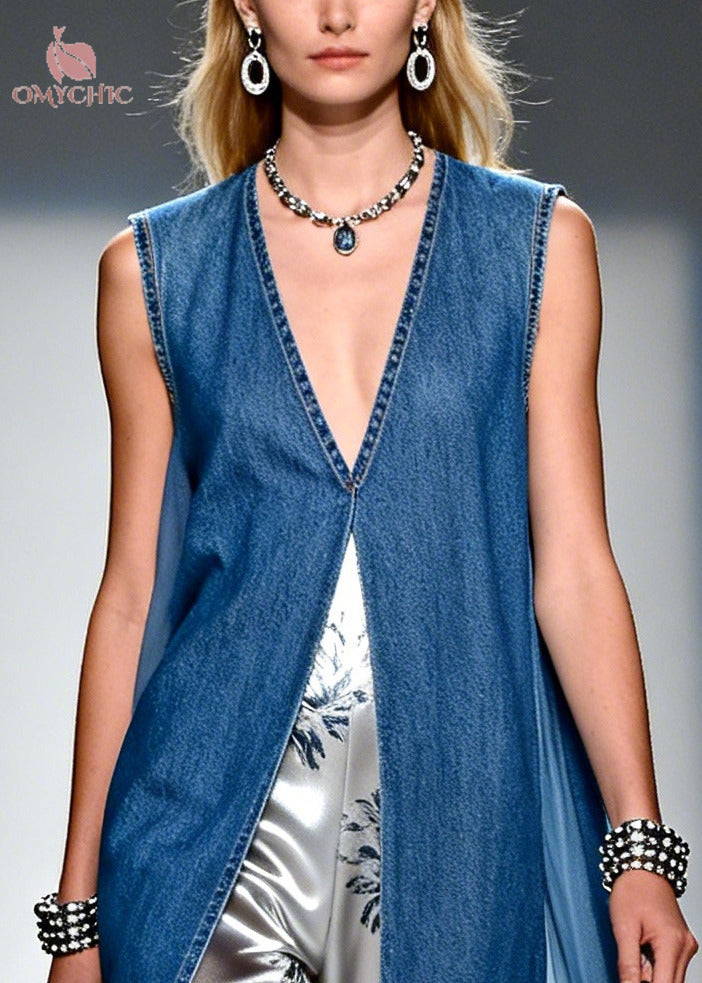 Boho Denim Blue V Neck Patchwork Print Fake Two Piece Dresses Summer