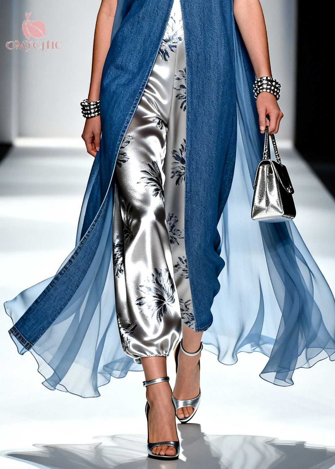 Boho Denim Blue V Neck Patchwork Print Fake Two Piece Dresses Summer