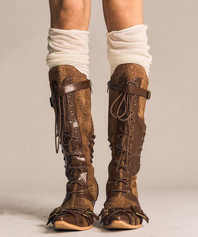 Boho Denim Splicing Lace Up Wedge Boots Brown Cowhide Leather