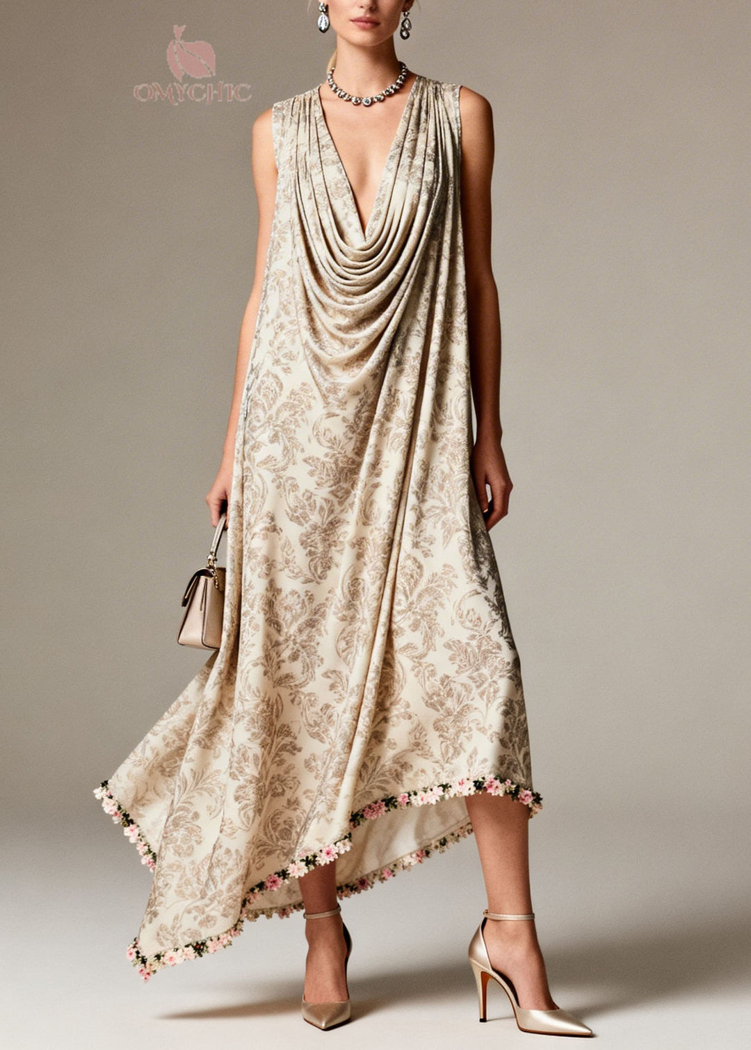 Boho Draped Neckline Asymmetrical Design Print Silk Dress Sleeveless