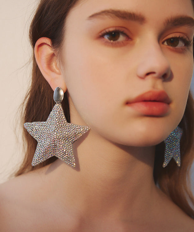 Boho Five Pointed Star Zircon Exaggeration Silver Plated Drop Earrings