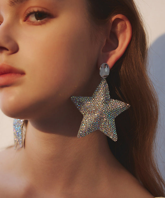 Boho Five Pointed Star Zircon Exaggeration Silver Plated Drop Earrings