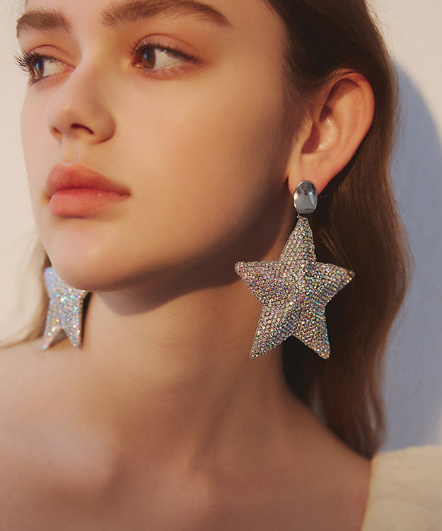 Boho Five Pointed Star Zircon Exaggeration Silver Plated Drop Earrings