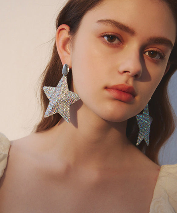 Boho Five Pointed Star Zircon Exaggeration Silver Plated Drop Earrings