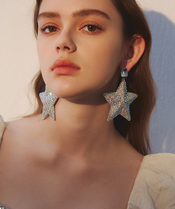 Boho Five Pointed Star Zircon Exaggeration Silver Plated Drop Earrings