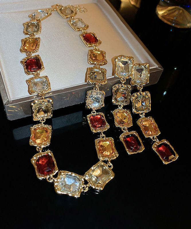 Boho Gold Alloy Gem Stone Necklace And Drop Earrings Two-Piece Set