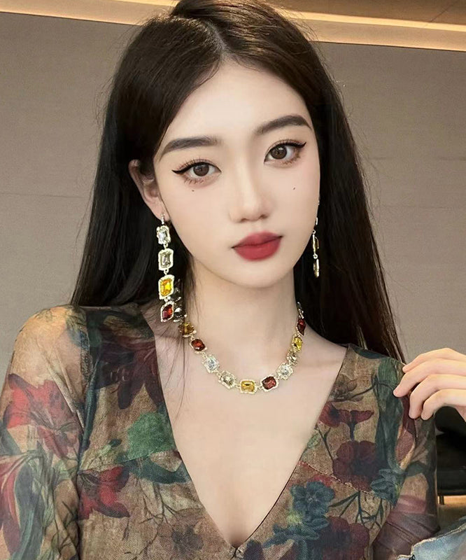 Boho Gold Alloy Gem Stone Necklace And Drop Earrings Two-Piece Set