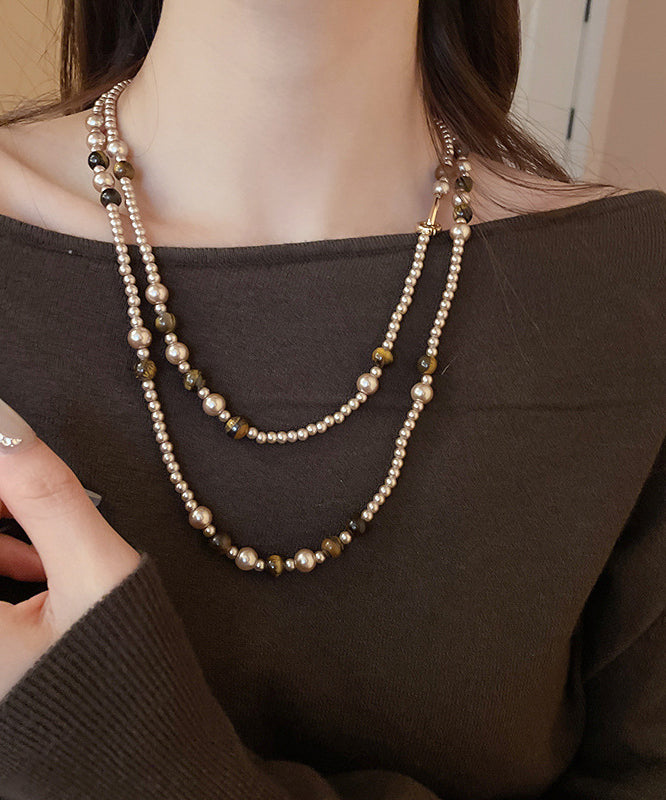 Boho Gold Alloy Pearl Glass Tiger Eye Stone Pendant Necklace