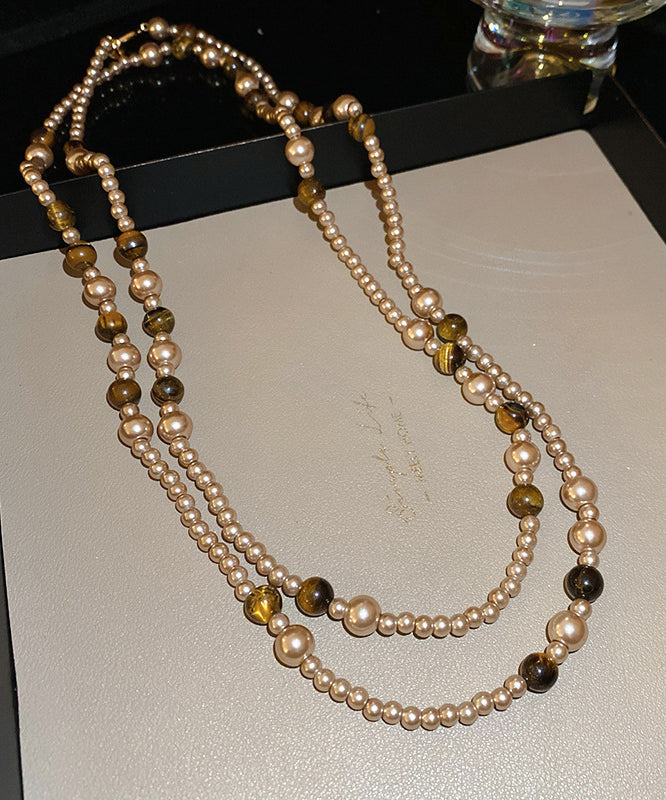 Boho Gold Alloy Pearl Glass Tiger Eye Stone Pendant Necklace