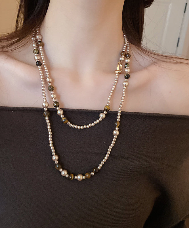 Boho Gold Alloy Pearl Glass Tiger Eye Stone Pendant Necklace