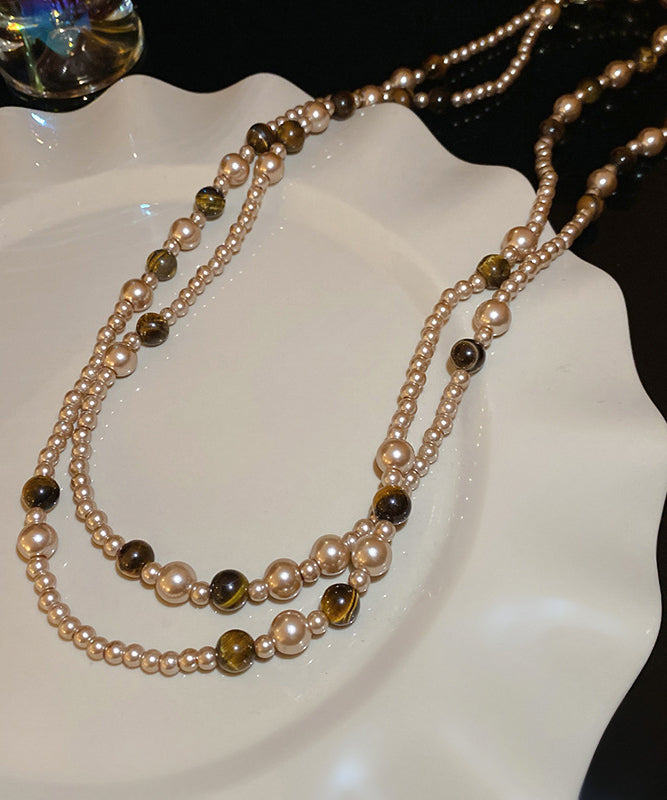 Boho Gold Alloy Pearl Glass Tiger Eye Stone Pendant Necklace