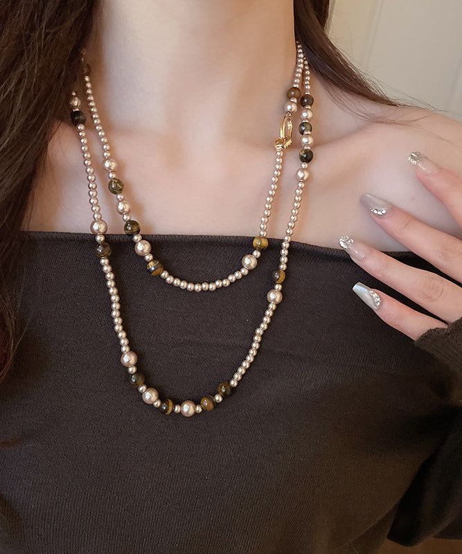 Boho Gold Alloy Pearl Glass Tiger Eye Stone Pendant Necklace