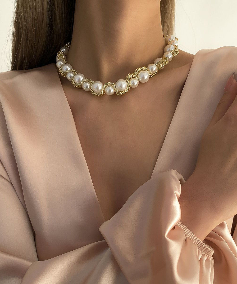 Boho Gold Copper Alloy Pearl Gratuated Bead Necklace
