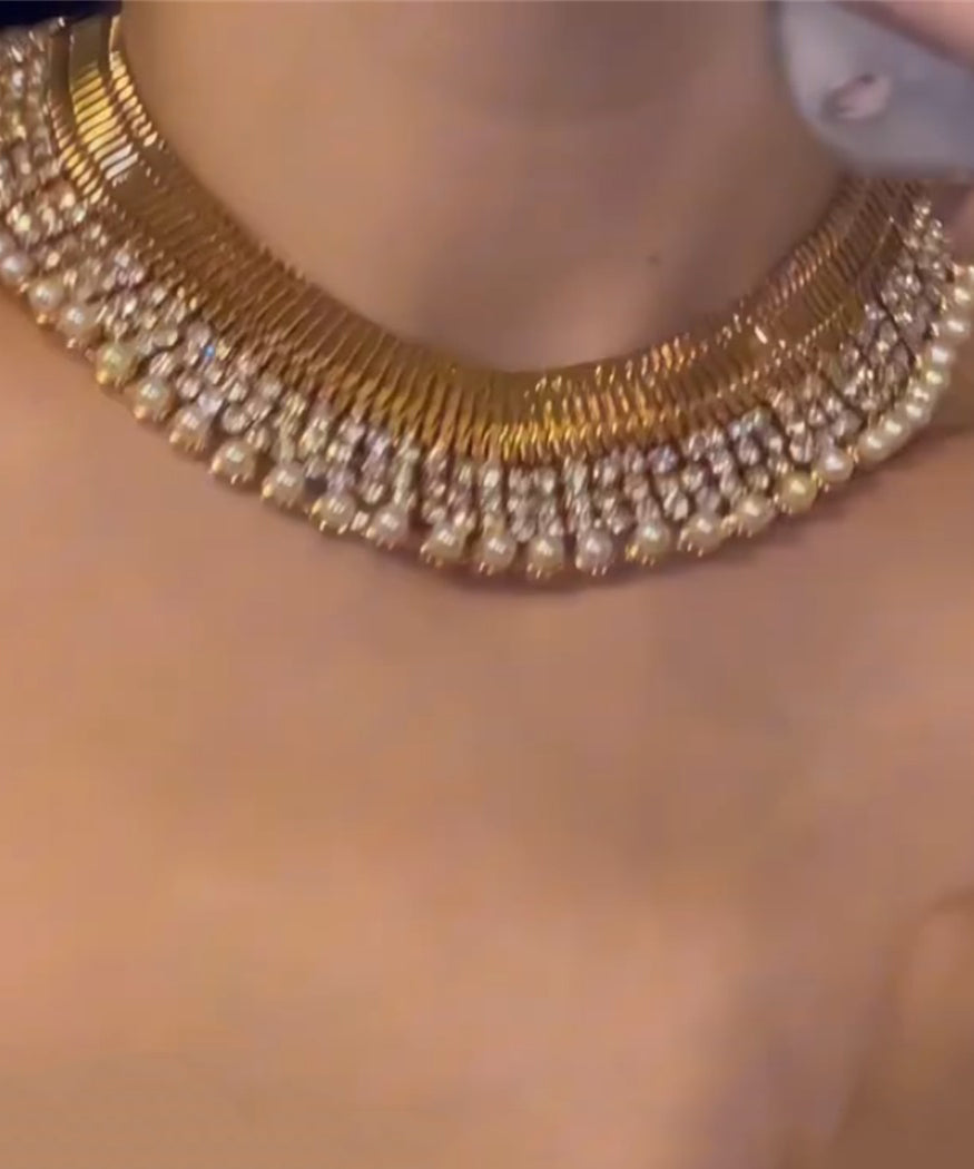 Boho Gold Copper Alloy Zircon Pearl Gratuated Bead Necklace