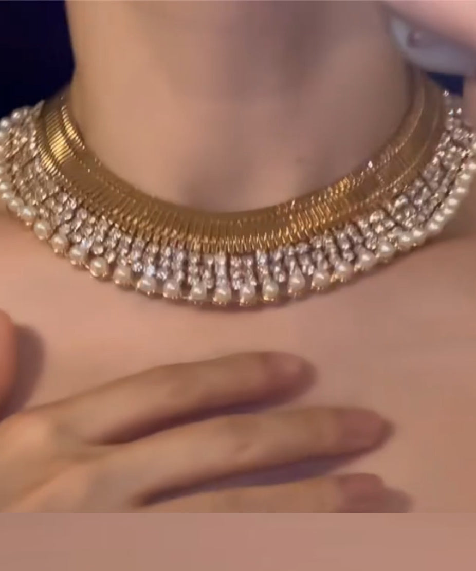 Boho Gold Copper Alloy Zircon Pearl Gratuated Bead Necklace
