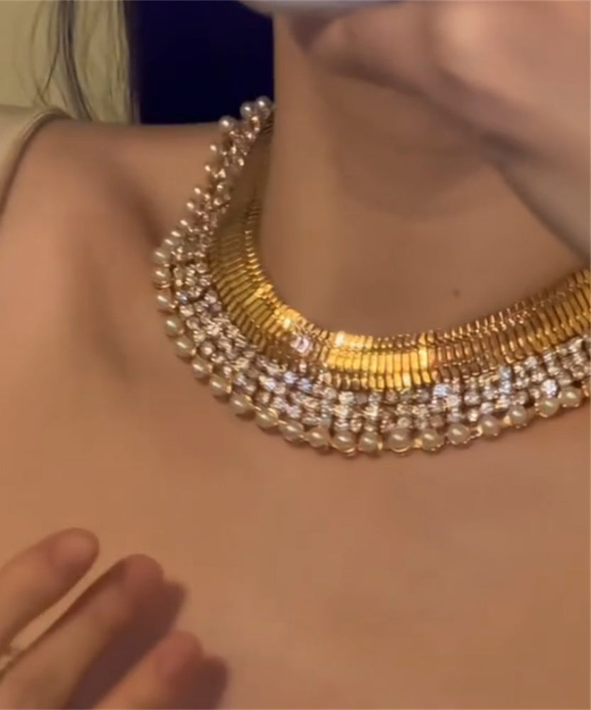Boho Gold Copper Alloy Zircon Pearl Gratuated Bead Necklace