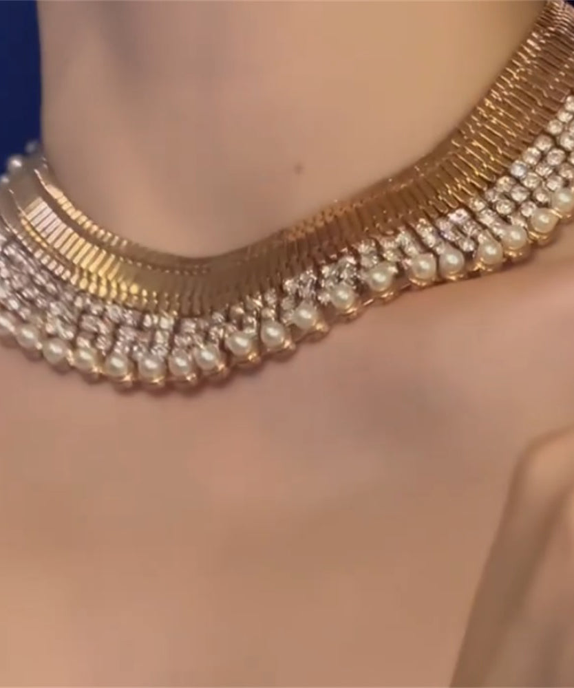 Boho Gold Copper Alloy Zircon Pearl Gratuated Bead Necklace