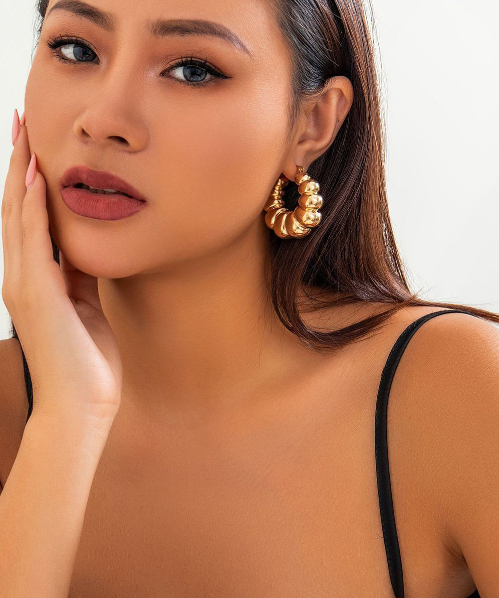 Boho Gold Metal Alloy Fried Dough Twist Croissant Hoop Earrings