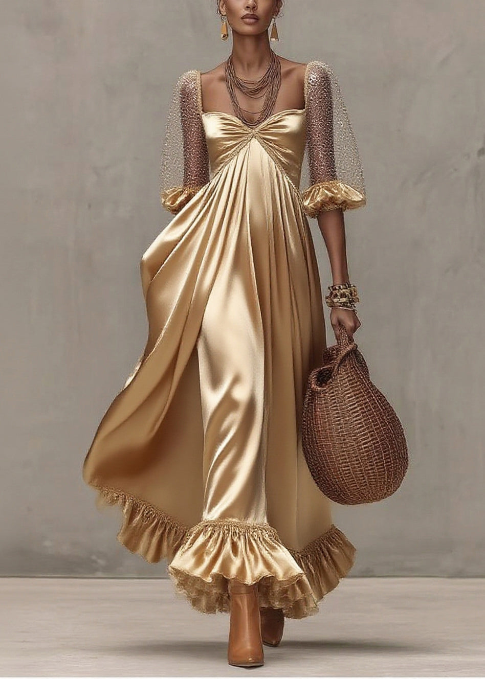 Boho Golden Exra Large Hem Patchwork Tulle Maxi Dresses Summer