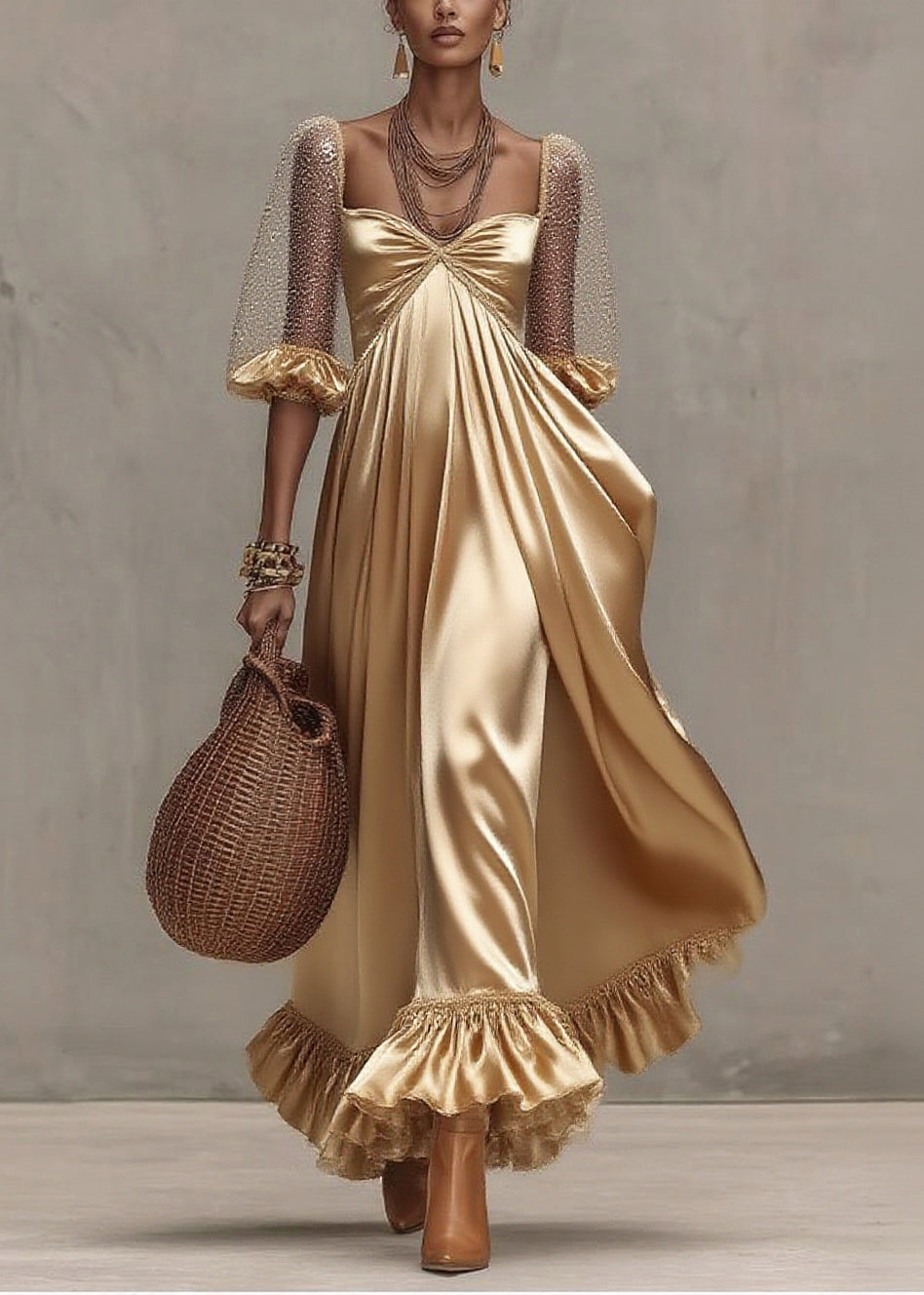 Boho Golden Exra Large Hem Patchwork Tulle Maxi Dresses Summer